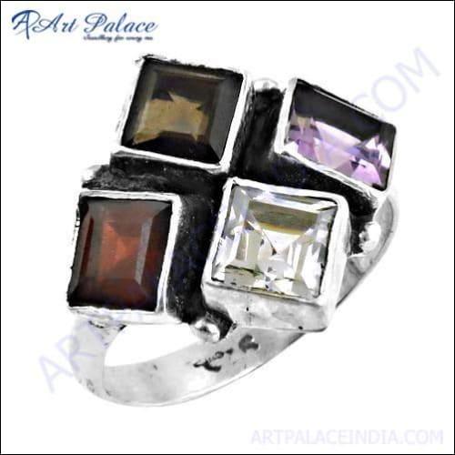 Graceful Amethyst & CZ & Garnet & Smokey Quartz Gemstone Silver Ring