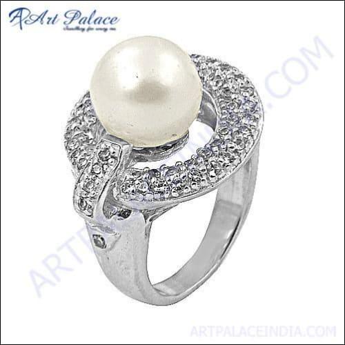 Graceful Cubic Zirconia & Pearl Silver Ring