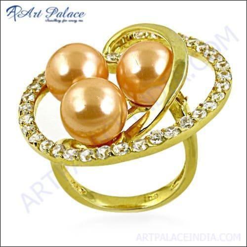 Graceful Glamour Cubic Zirconia & Pink Pearl Silver Gold Plated Ring