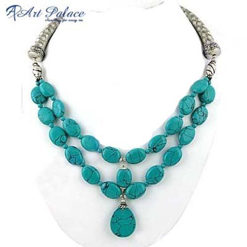 Graceful Glamours Synthetic Turquoise Gemstone German Silver Necklace Solid Gemstone Necklace Trendy Necklace