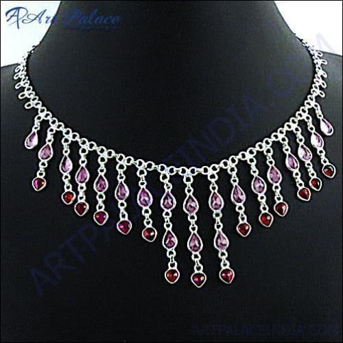 Gracious & Special Design Pear Amethyst & Garnet Gemstone Silver Necklace