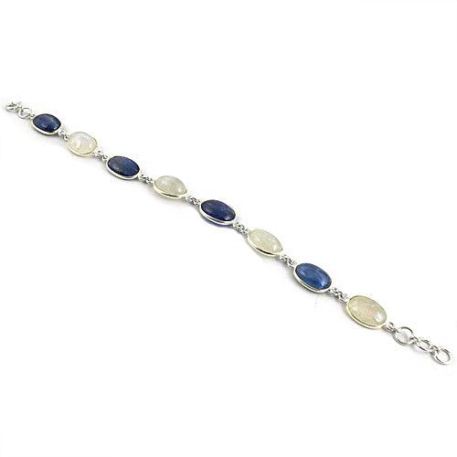 Gracious Fashion Kyanite & Rainbow Moonstone Silver Bracelet Cabochon Silver Bracelet Fashionable Gemstone Bracelet