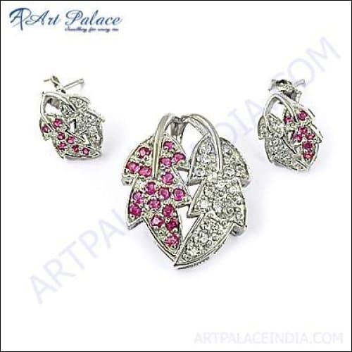 Gracious Fashion Leaf Design Pink Cz & CZ Silver Gemstone Pendant Set