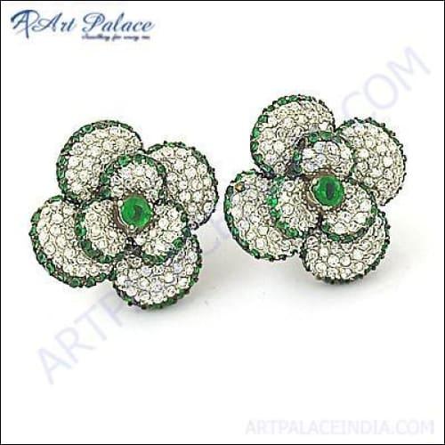 Gracious Flower Style Silver Stud Earrings With Green & White CZ