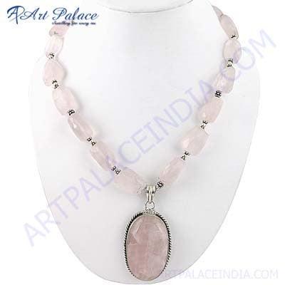 Gracious Rose Quartz Gemstone German Silver Necklace Rare Gemstone Necklace Impressive Necklace