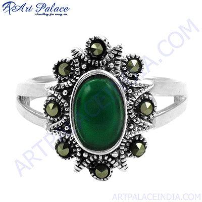 Green Onyx and Gun Metal Gemstone 925 Silver Ring Superior Gemstone Rings Excellent Marcasite Rings