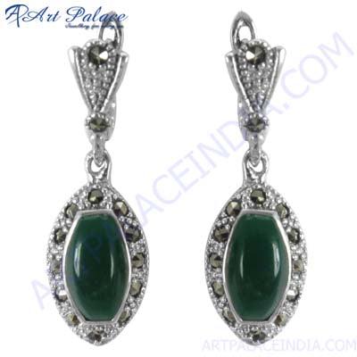 Green Onyx & Marcasite Gemstone 925 Silver Earring Latest Marcasite Earring Gorgeous Gemstone Earring