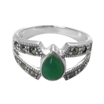 Green Onyx And Marcasite Gemstone 925 Silver Ring Marcasite Gemstone Rings Pear Cabochon Rings