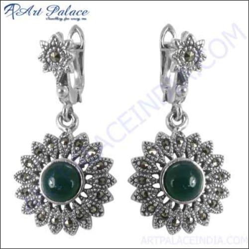 Green Onyx & Marcasite Silver Earring Glamours Marcasite Earrings Floral Marcasite Earrings