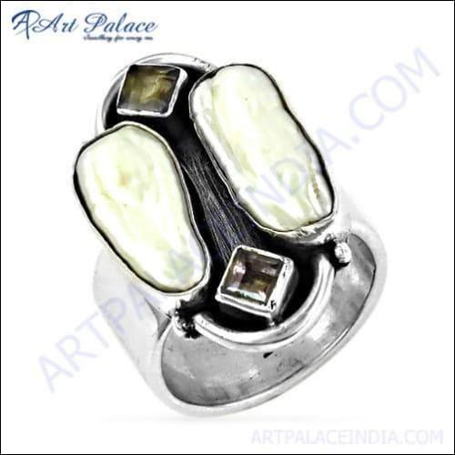 Hand Created Amethyst & Pearl & Smokey Quartz Gemstone Silver Ring, 925 Sterling Silver Jewelry