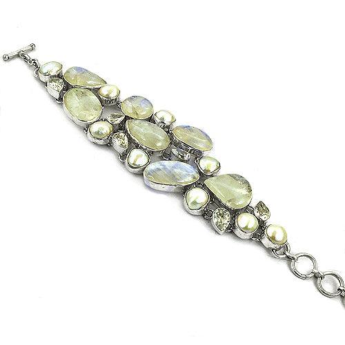 Hand Created CZ & Ranibow & Pearl Gemstone Silver Bracelet, 925 Sterling Silver Jewelry Fashionable Bracelet Solid Bracelet