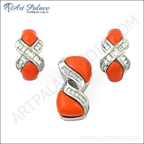 Hand Created CZ & Synthetic Coral Silver Gemstone Pendant Set