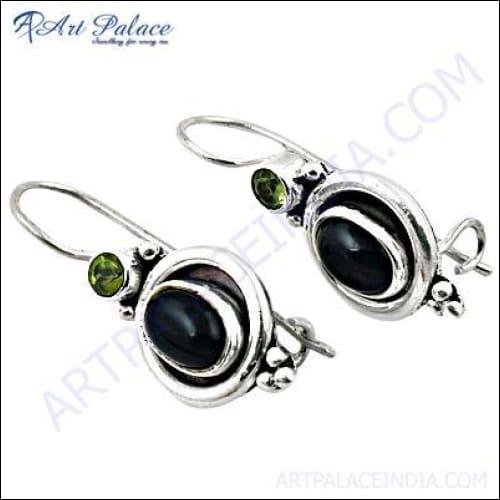 Handcrafted Black Onyx & Peridot Gemstone Silver Earrings Wonderful Gemstone Earrings Opaque Gemstone Earrings