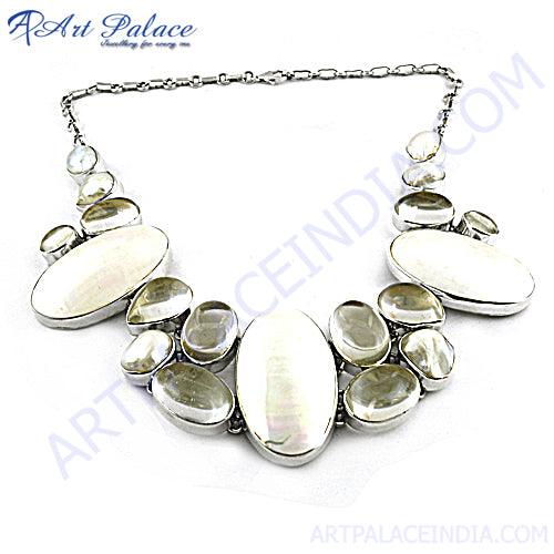 Handcrafted Crystal & Pearl Shell Gemstone 925 Silver Necklace