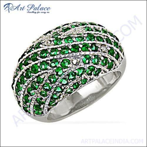 Handcrafted Green Cubic Zirconia Gemstone Silver Ring
