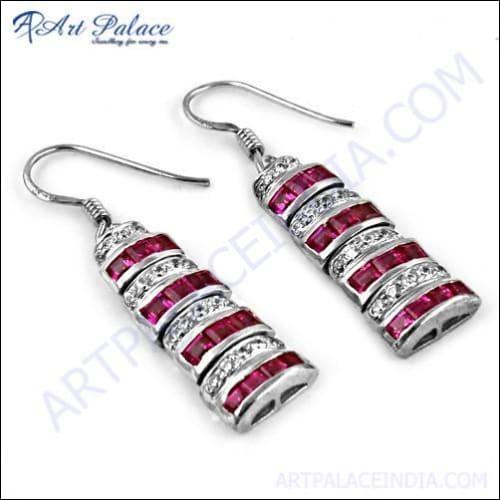 Handcrafted Pink & White Cubic Zirconia Gemstone Silver Earrings