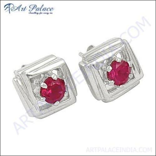 Handcreated Red Cubic Zirconia Gemstone Silver Earring