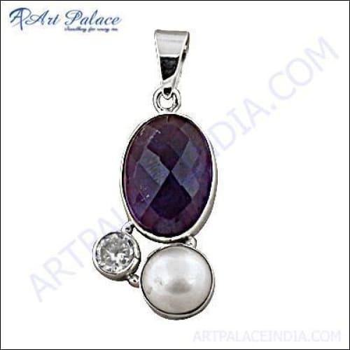 Handmade Amethyst & Pearl & Cz Silver Gemstone Pendant