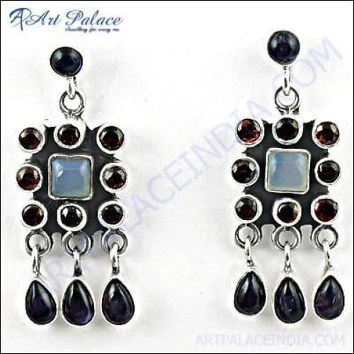 Handmade Ethnic Design Multi Stone Silver Earrings Jewelry, 925 Sterling Silver Jewelry