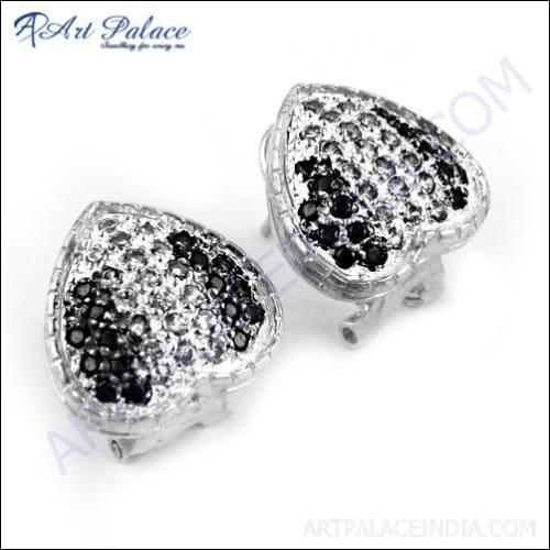 Heart Shape Black & White CZ Silver Earring