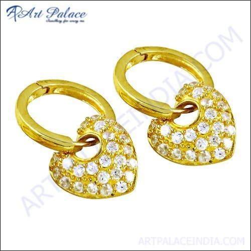 Heart Style Cz Gemstone Gold Plated Silver Earrings