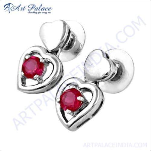 Heart Style Romantic Red Cubic Zirconia Gemstone Silver Earrings