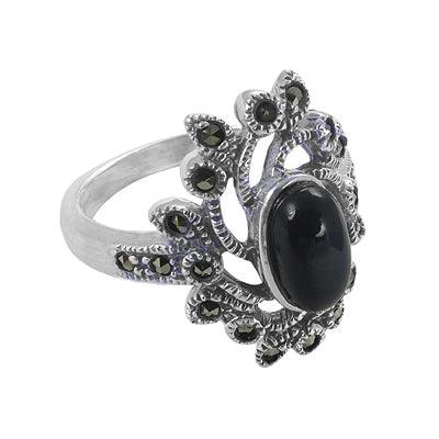 High Quality Black Onyx Marcasite 925 Silver Gemstone Ring Adorable Marcasite Rings Stylish Cabochon Rings