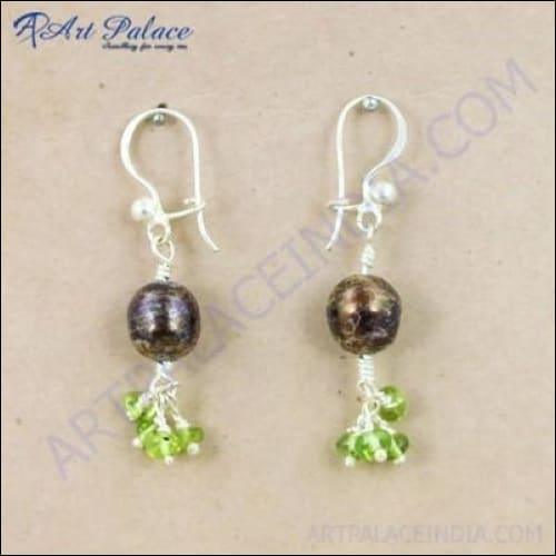 High Quality Brown Pearl & Peridot Gemstone Silver Earrings Comfortable Beaded Earrings Exciting Beaded Earrings