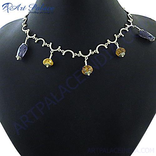 High Quality Citrine & Iolite Gemstone Silver Necklace, 925 Sterling Silver Jewelry Stylish Beads Necklace Trendy Beaded Necklace