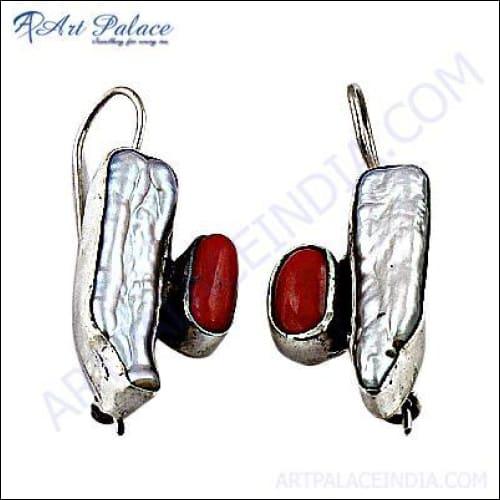 High Quality Coral & Freshwater Pearl Silver Earrings Gemstone Silver Earrings