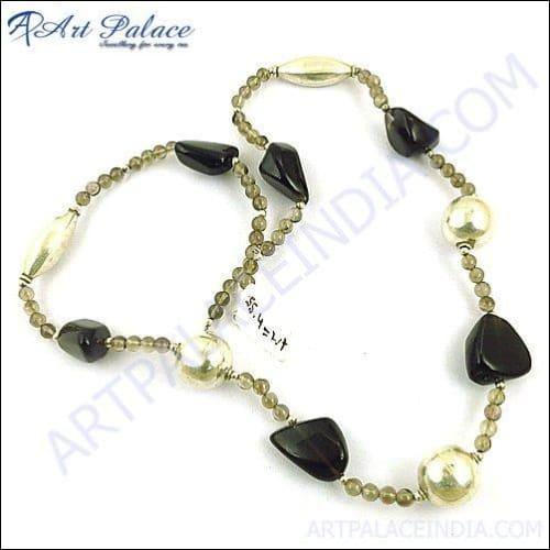 High Quality Smokey Quartz Beaded Silver Necklace Jewelry, 925 Sterling Silver