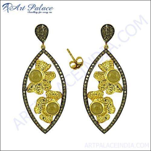 Hot!! Dazzaling Diamond & Golden Rutile Silver Earring