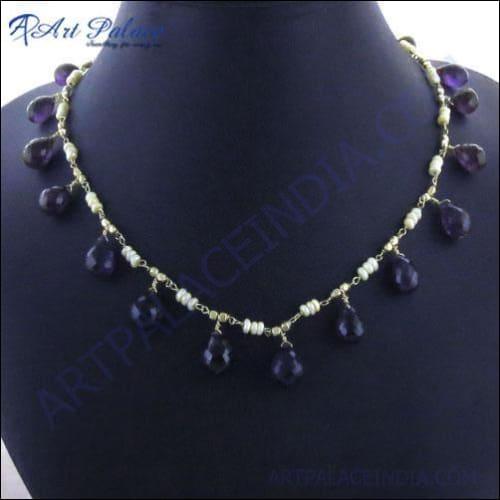 Hot! Dazzling & Beautiful Affrican Amethyst & Pearl Silver Necklace