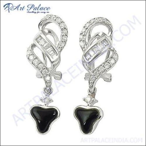 Hot! Dazzling Black Onyx & CZ Gemstone Silver Earrings