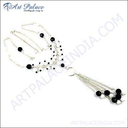 Hot! Dazzling Black Onyx & White Onyx Gemstone Silver Necklace