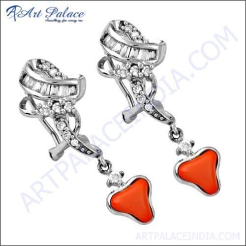 Hot! Dazzling Coral & Cubic Zirconia Gemstone Silver Earrings