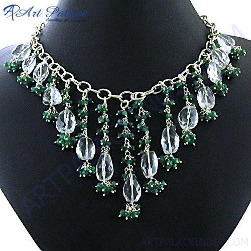 Hot! Dazzling Crystal & Green Aventurian Silver Necklace Feminine Beads Necklace Solid Necklace