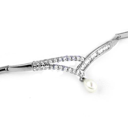 Hot! Dazzling Cubic Zirconia & Pearl Gemstone Silver Bracelet Beautiful Cz Bracelet Pretty Cz Bracelet
