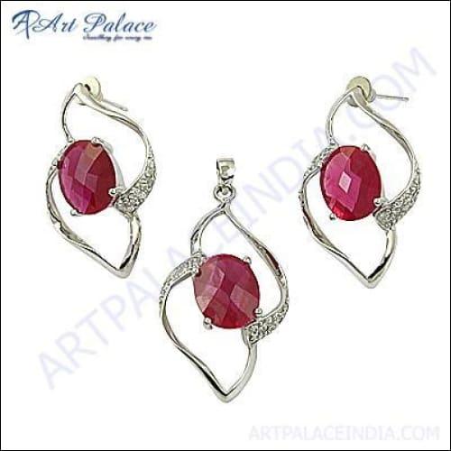 Hot! Dazzling Cubic Zirconia & Pink Cubic Zirconia Gemstone Silver Pendant Set