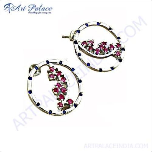Hot!! Dazzling Inkzirconia & Pink Cubic Zirconia Gemstone Silver Earrings Cz Silver Earrings Fashionable Earrings