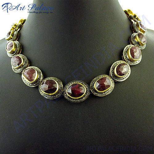Hot!! Luxurious Diamond & Ruby Gold Plated Silver Necklace, Victorian 925 Sterling Silver Jewelry Victorian Diamond Necklace Glamours Victorian Necklace