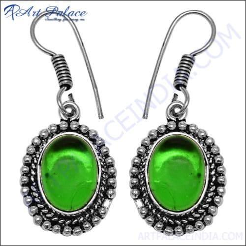 Hot Luxurious Green Glass White Metal Earring Ethnic Gemstone Earrings Green Glass Earrings Pretty Earrings