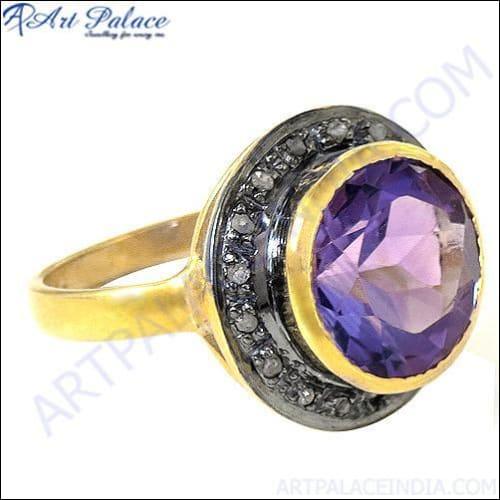 HOT!!! Luxury Amethyst & Diamond Gold Plated Silver Ring