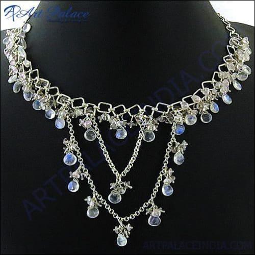 HOT!!! Luxury & Beautiful Rainbow Moonstone & Rose Quartz Gemstone Silver Necklace