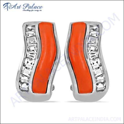 HOT!!! Luxury Coral & Cubic Zirconia Gemstone Silver Earrings