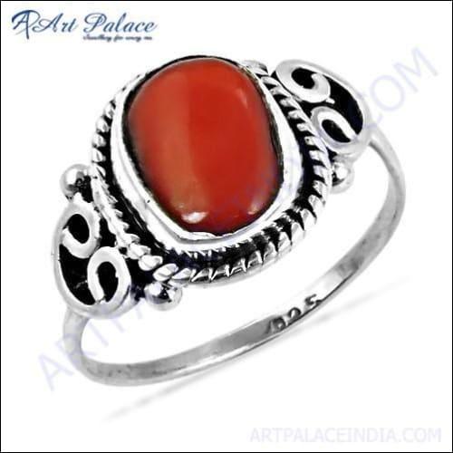 HOT!!! Luxury Coral Gemstone Silver Designer Ring, 925 Sterling Silver Jewelry