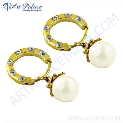 HOT!!! Luxury Fashion Cz & Pearl Gold Plated Silver Earrings