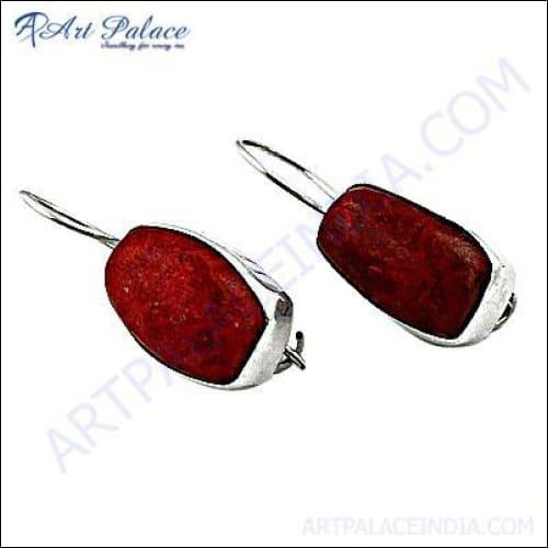 Hot Red Coral Gemstone Silver Earrings Red Coral Earrings Adorable Earrings
