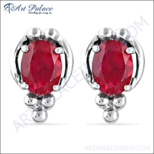 Hot Red Cubic Zirconia Gemstone Silver Stud Earrings