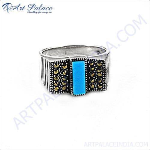 Hot Sale Fashion Gemstone Synthetic Turquoise and Gun metal Silver Ring Turquoise Marcasite Rings Superior Marcasite Rings